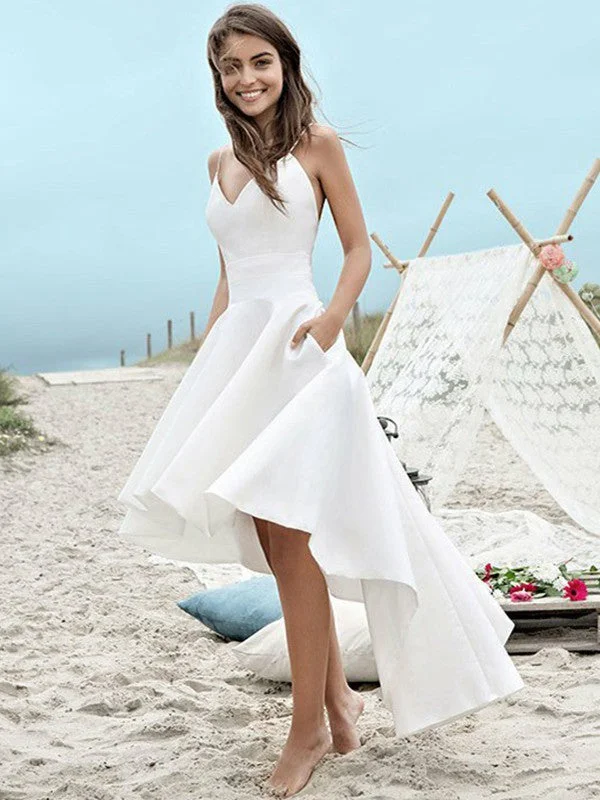 A-Line/Princess Satin Ruched Sleeveless Spaghetti Straps Asymmetrical Wedding Dresses