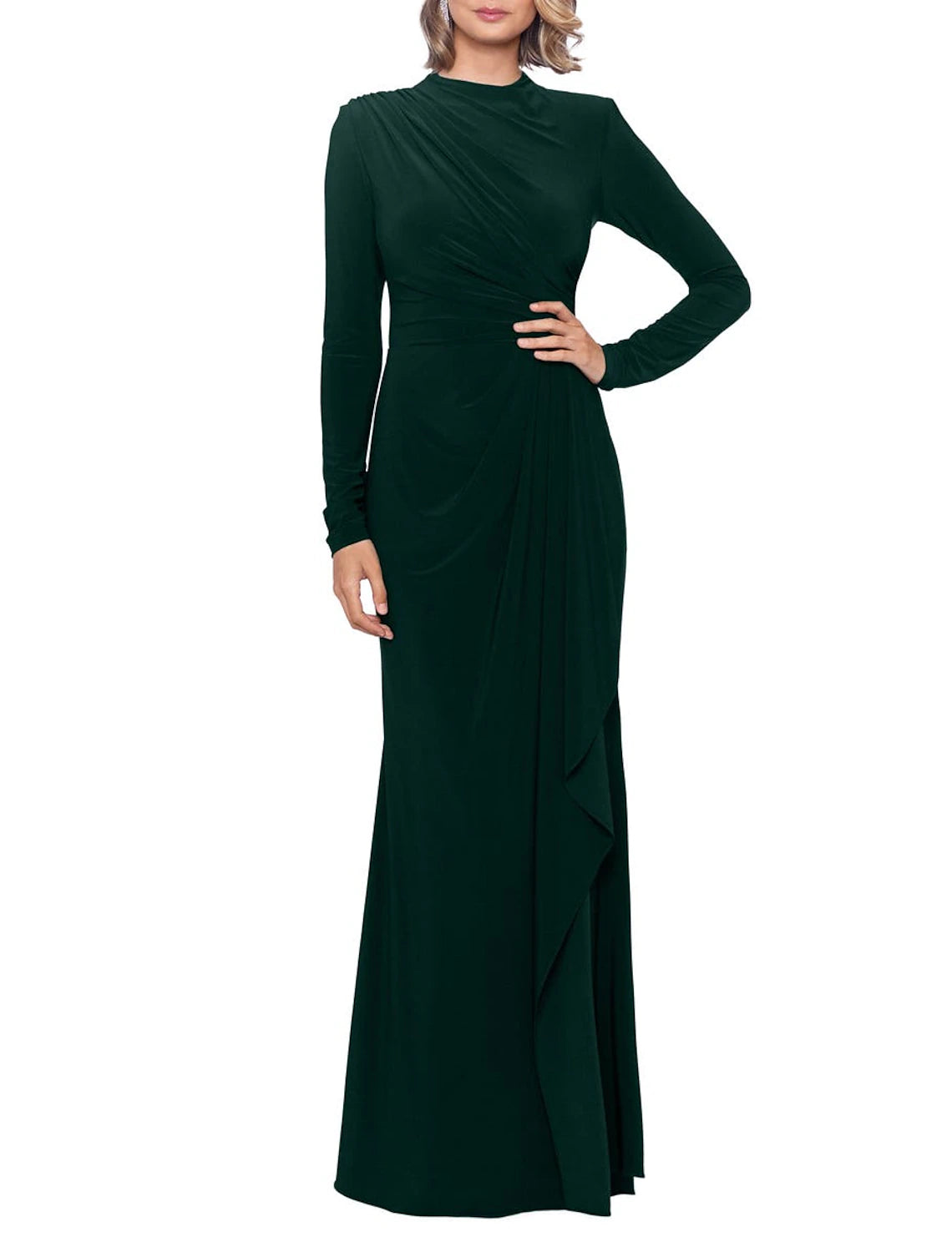 Sheath / Column Mother of the Bride Dress Formal Wedding Guest Party Elegant High Neck Floor Length Spandex Long Sleeve with Pleats Split Front