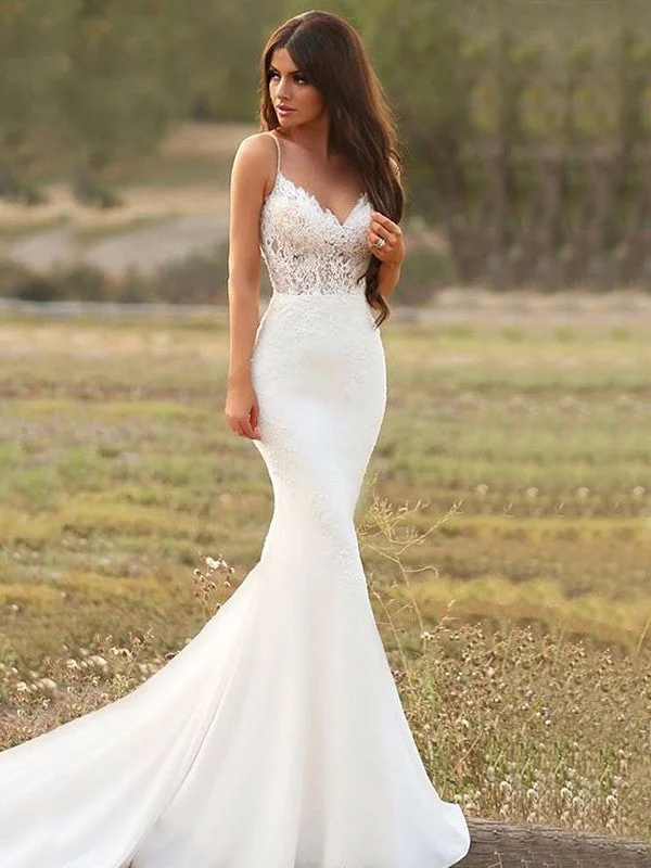 Trumpet/Mermaid Stretch Crepe Applique Spaghetti Straps Sleeveless Court Train Wedding Dresses