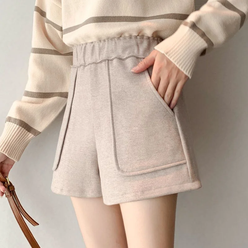 Amy Fashion - Fashion Solid Wide Leg Woolen Shorts