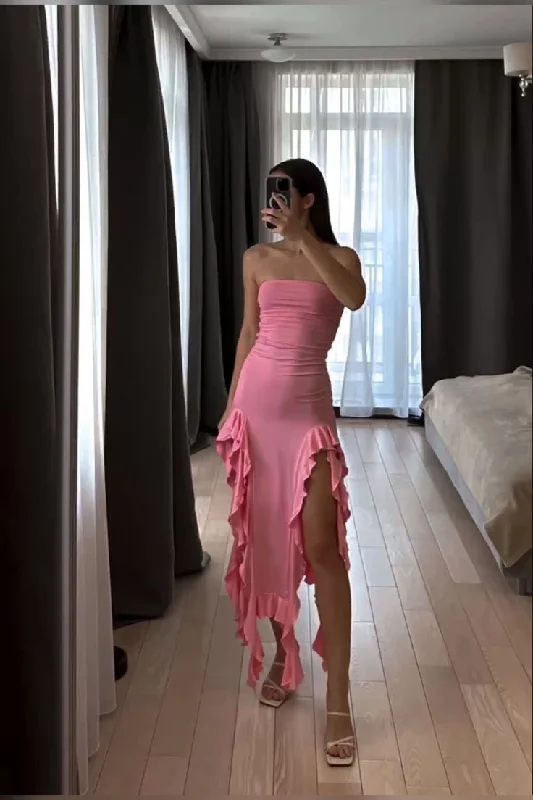 Elegant Strapless Pink Irregular Dress Women Sexy Sleeveless Midi Dresses       S6118