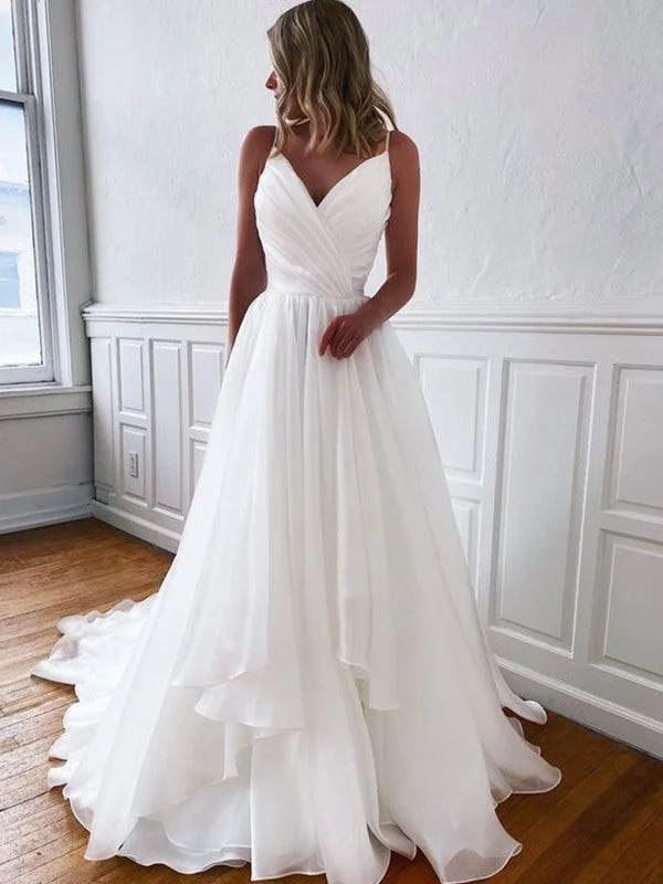 Wholesale A-Line/Princess Organza Ruffles V-neck Sleeveless Court Train Wedding Dresses