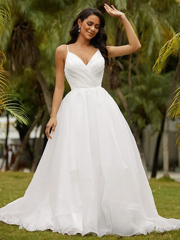 Ball Gown Satin Ruffles V-neck Sleeveless Sweep/Brush Train Wedding Dresses