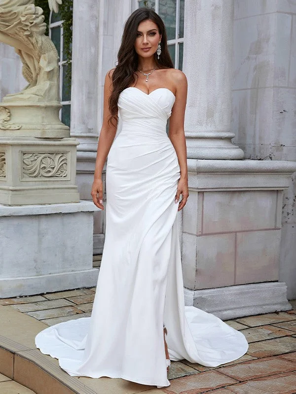 Sheath/Column Stretch Crepe Ruched Sweetheart Sleeveless Sweep/Brush Train Wedding Dresses