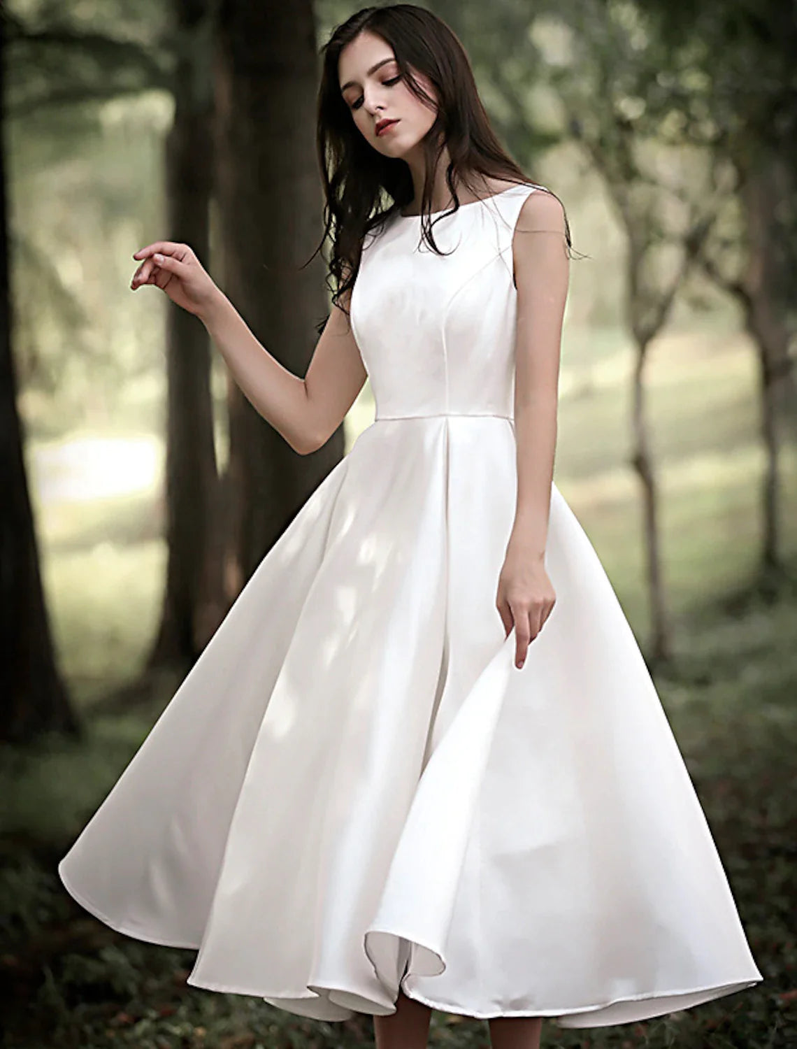 Reception Little White Dresses Wedding Dresses A-Line Scoop Neck Sleeveless Tea Length Satin Bridal Gowns With