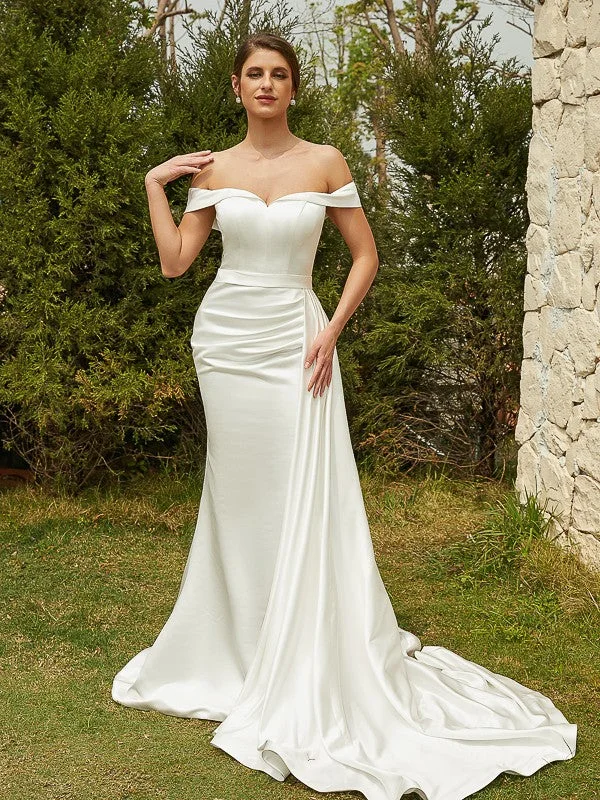 Sheath/Column Charmeuse Ruched Off-the-Shoulder Sleeveless Court Train Wedding Dresses