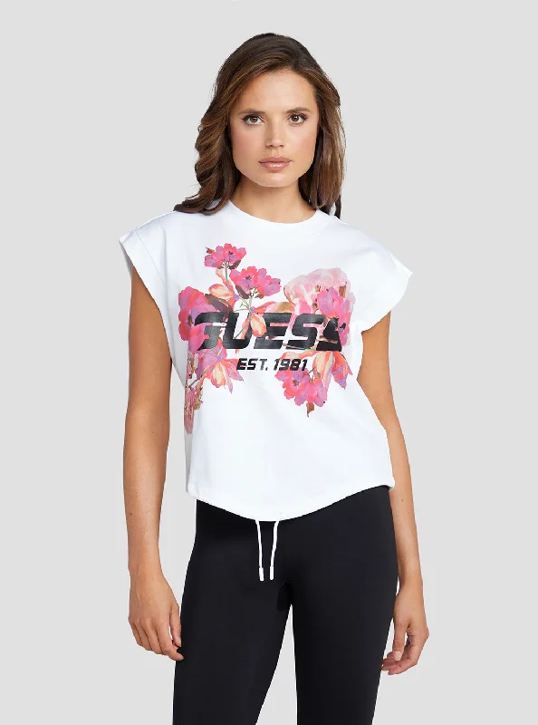 White Corine Floral Active Crop T-Shirt