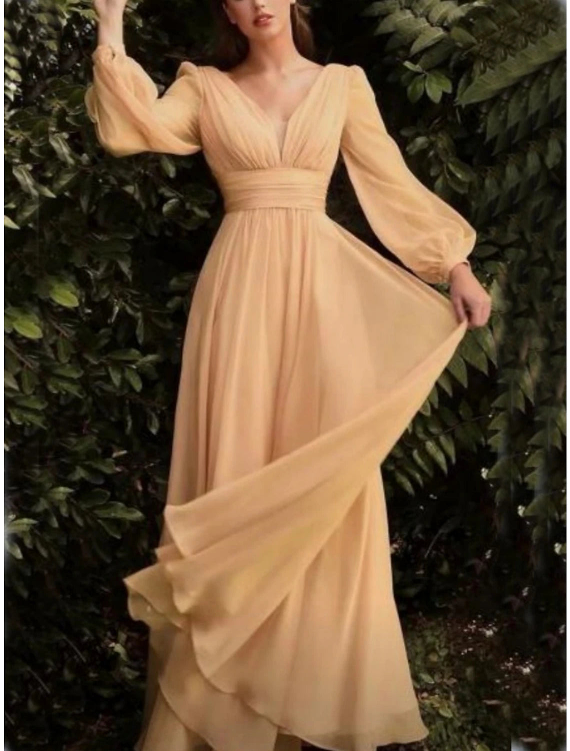 Sheath / Column Wedding Guest Dresses Elegant Dress Party Dress Floor Length Long Sleeve V Neck Fall Wedding Guest Chiffon with Pleats Slit