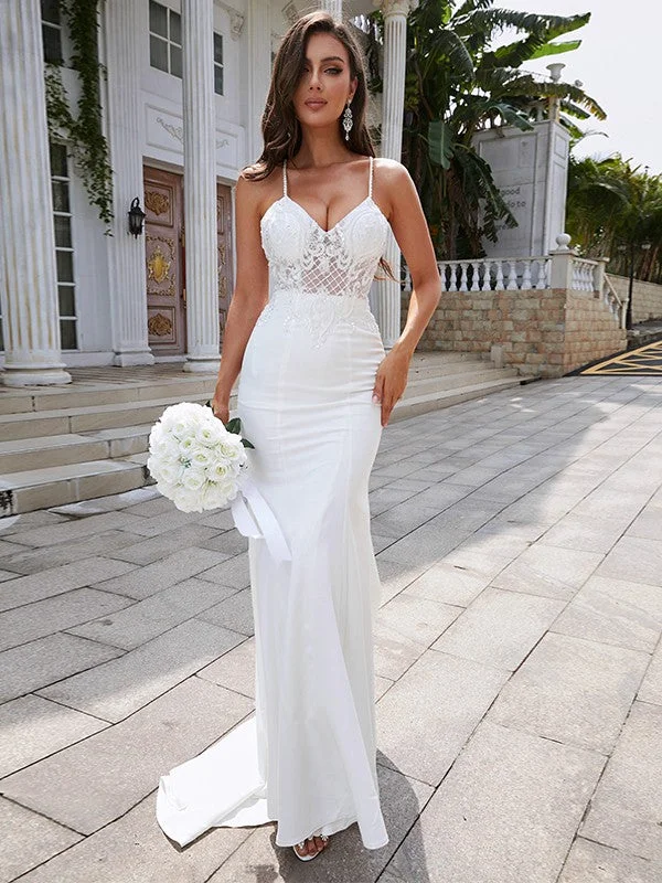 Sheath/Column Stretch Crepe Lace V-neck Sleeveless Sweep/Brush Train Wedding Dresses