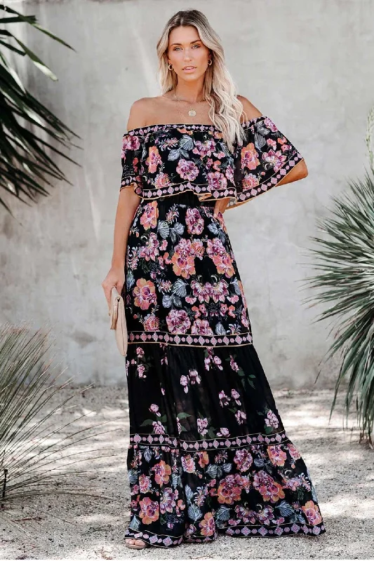 TastyHottie - Off Shoulder Floral Print Tiered Maxi Dress