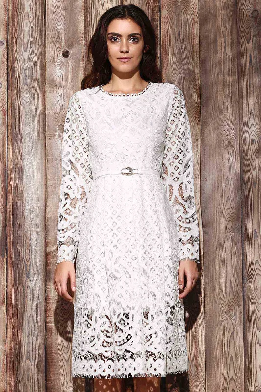 TastyHottie - Lace Round Neck Long Sleeve A Line Dress