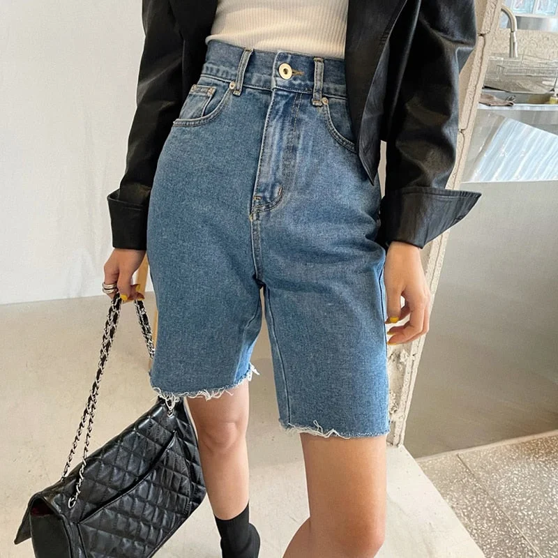 Amy Fashion - Button Fly Straight Denim Shorts