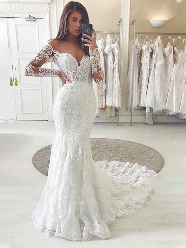 Trumpet/Mermaid Tulle Applique Off-the-Shoulder Long Sleeves Chapel Train Wedding Dresses