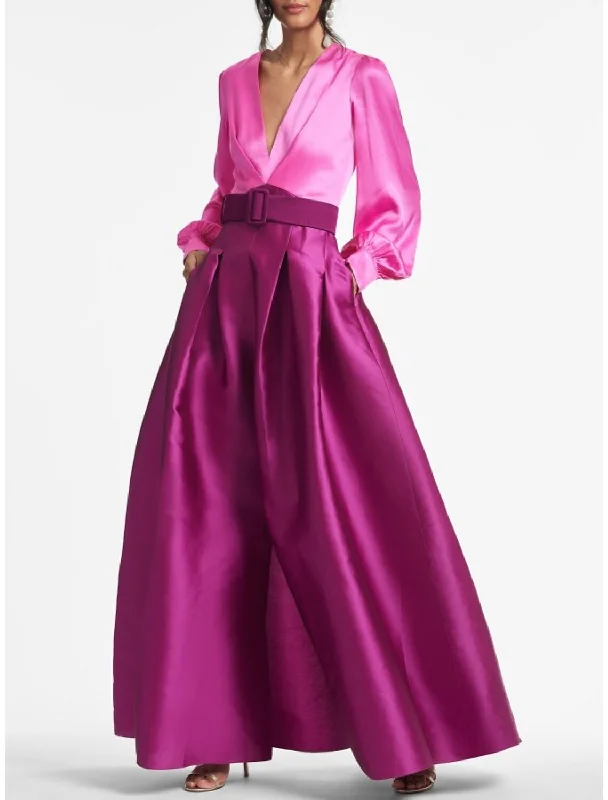 Elegant A-Line Evening Gown Party Dress Formal Wedding Guest Floor Length Long Sleeve V Neck Belt / Sash Satin with Pleats