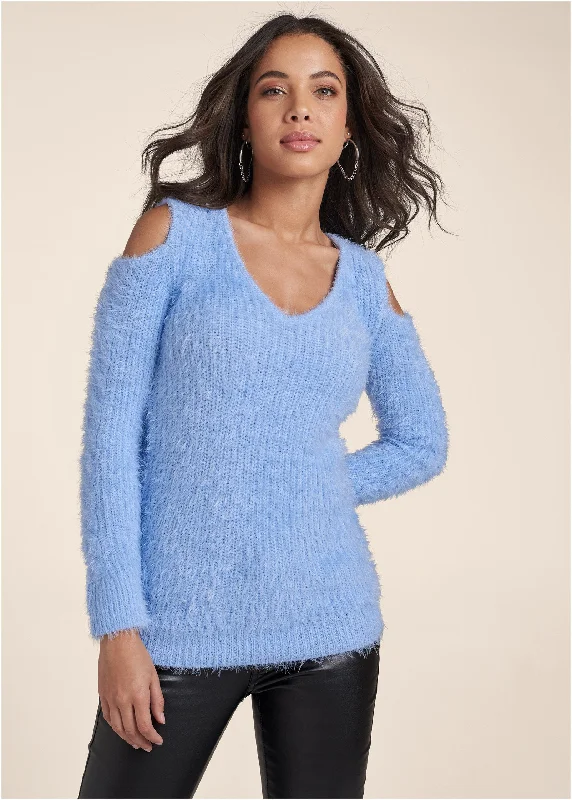 Cutout Eyelash Sweater - Light Blue