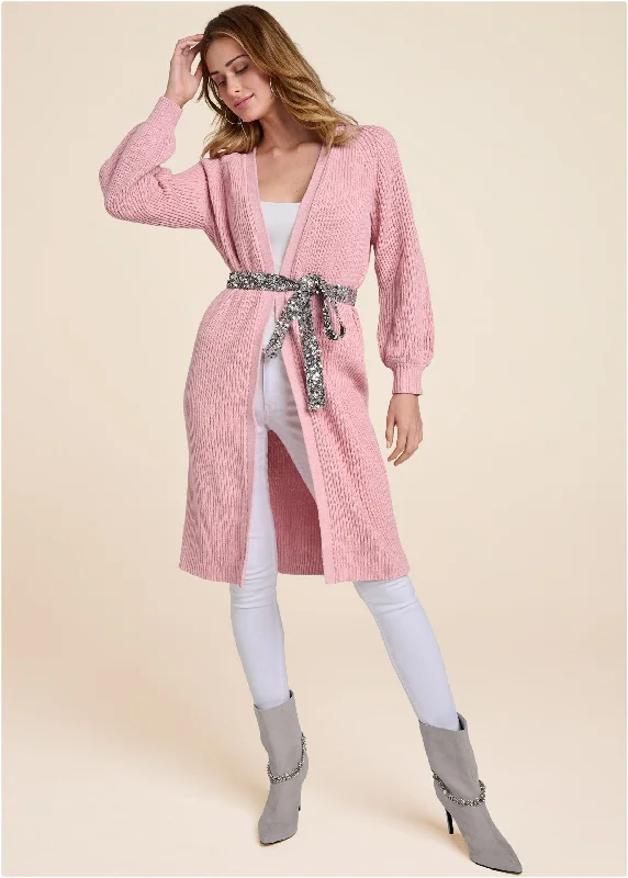 Knit Duster With Sequin Belt - Pink