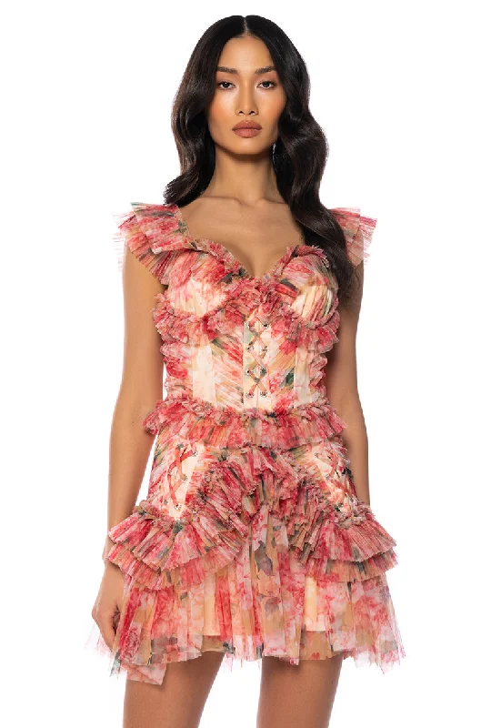 DAYDREAMER FLORAL PLEATED RUFFLE MINI DRESS