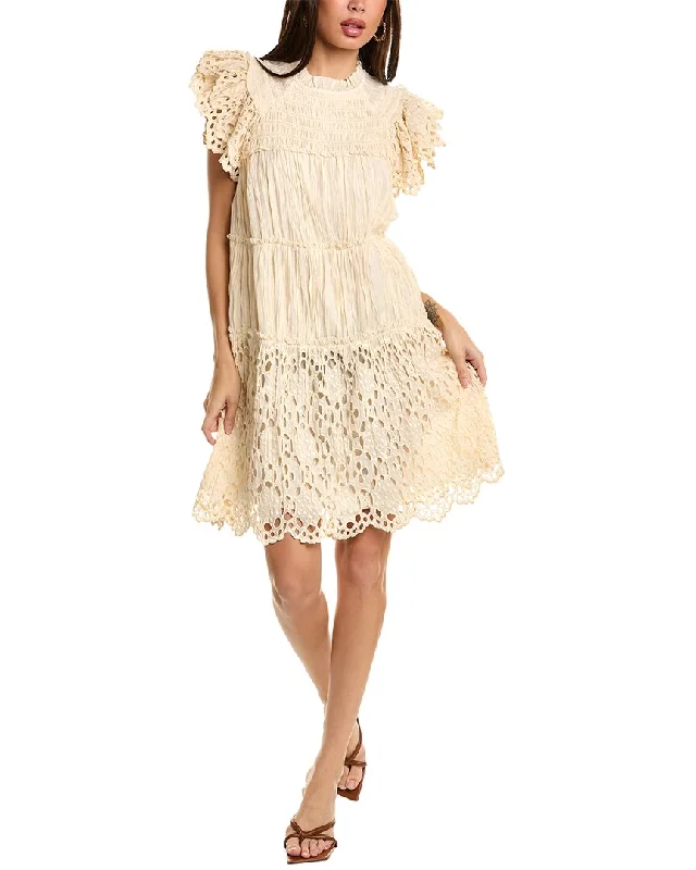 SEA NY Elise Pleat Eyelet Flutter Sleeve Tunic Mini Dress