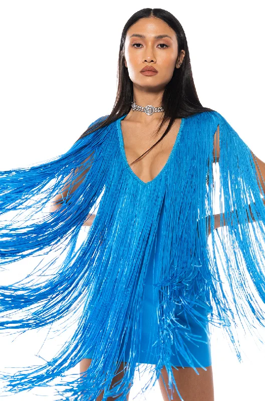 STEVIE DEEP V BANDAGE WITH FRINGE MINI DRESS