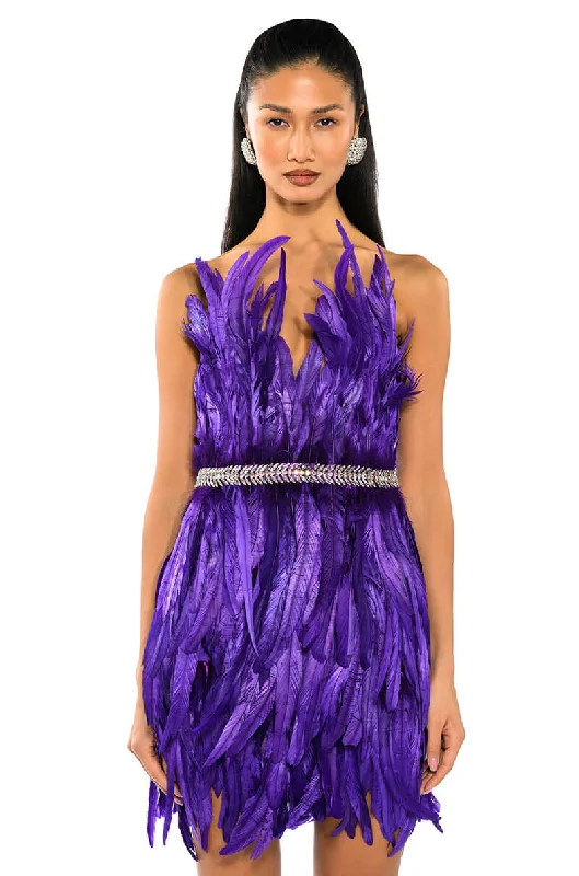 VIBRANT ALL OVER FEATHER STRAPLESS MINI DRESS