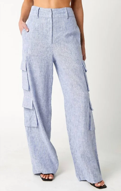 Railroad Stripe Linen Cargo Pant In Blue