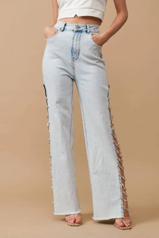 Stretch Denim Jeans With Side Jewel Trim In Light Wash