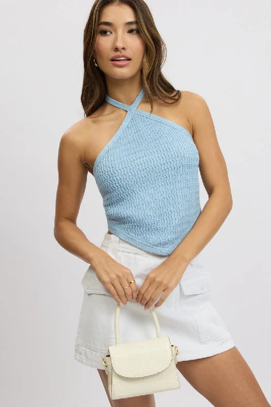 Blue Knit Top Halter Neck