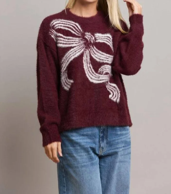 Bow Fuzzy Sweater In Burgundy