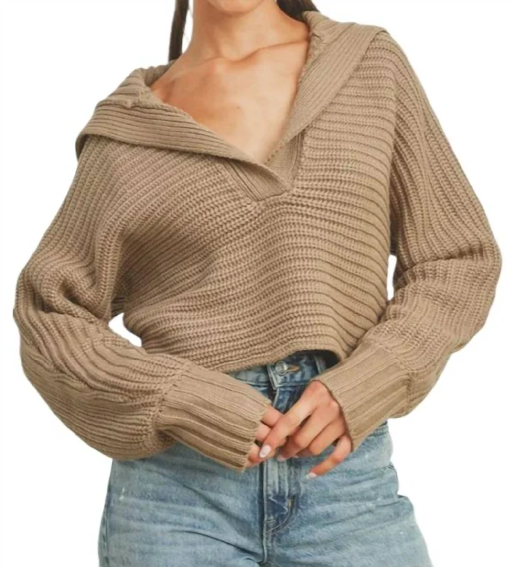 Drama Collar V Neck Sweater In Taupe