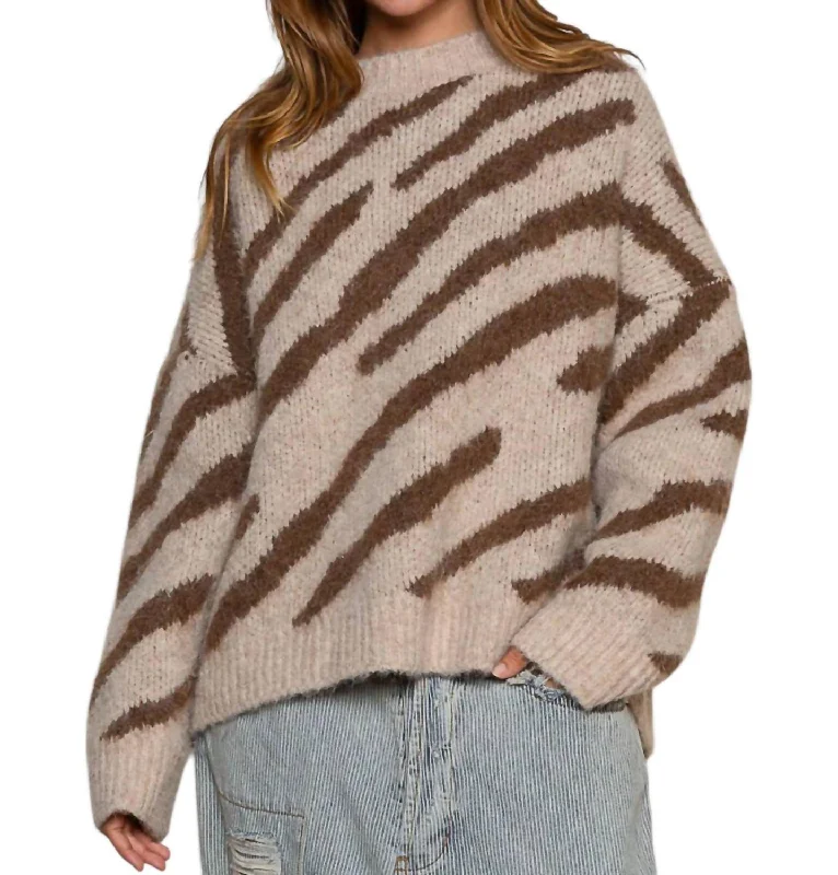 Faux Mohair Zebra Pattern Sweater In Beige