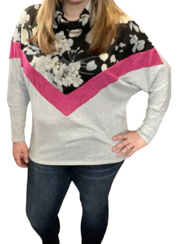 Floral Chevron Cowlneck Sweater In Black/grey