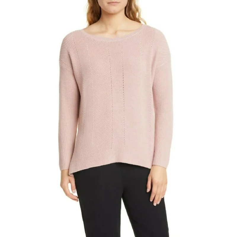 Merino Wool Bateau Neck Rib Knit Sweater In Pink