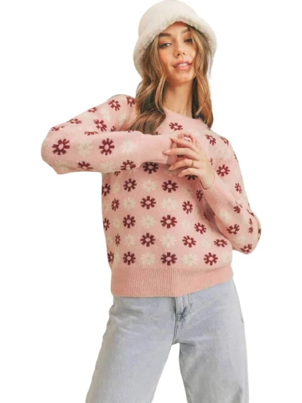 Snowflake Print Crew Neck Sweater In Pink