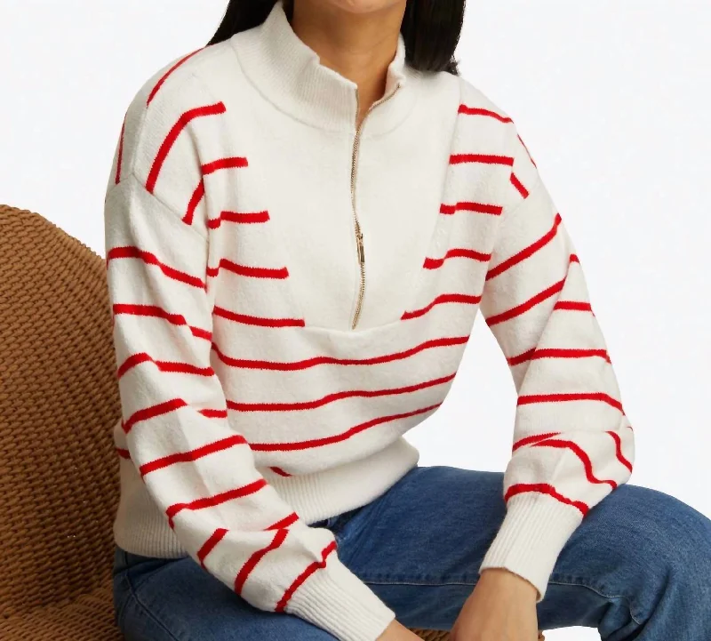 Striped Zip Up Sweater In Red And White Stripe