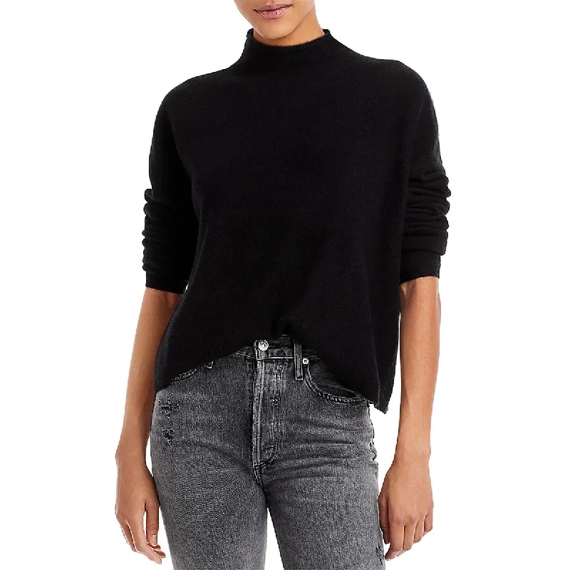 Womens Cashmere Ribbed Trim Funnel-Neck Sweater