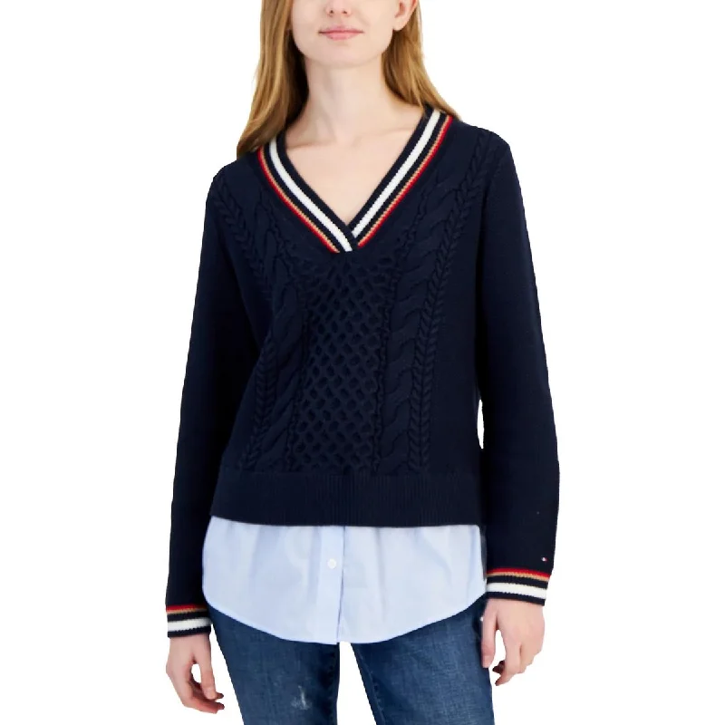 Womens Striped Trim Long Sleeve V-Neck Sweater