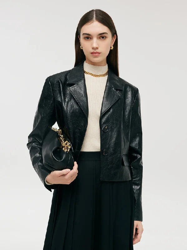 PU Leather Lapel Single-Breasted Women Crop Jacket