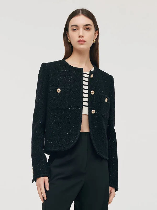 Wool Blend Tweed Single-Breasted Women Crop Jacket